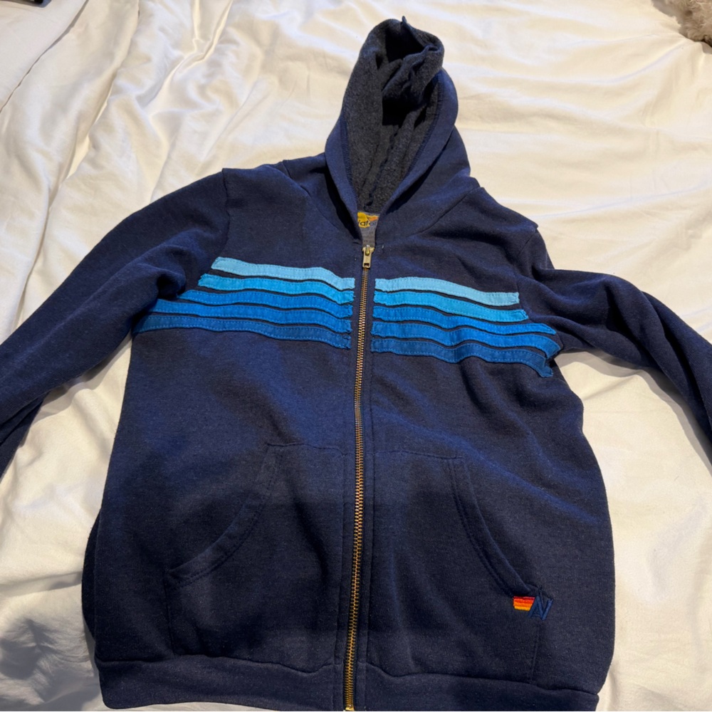 Aviator Nation Dark Blue youth Zip-Up Sweater with Light Blue Stripes - size 12